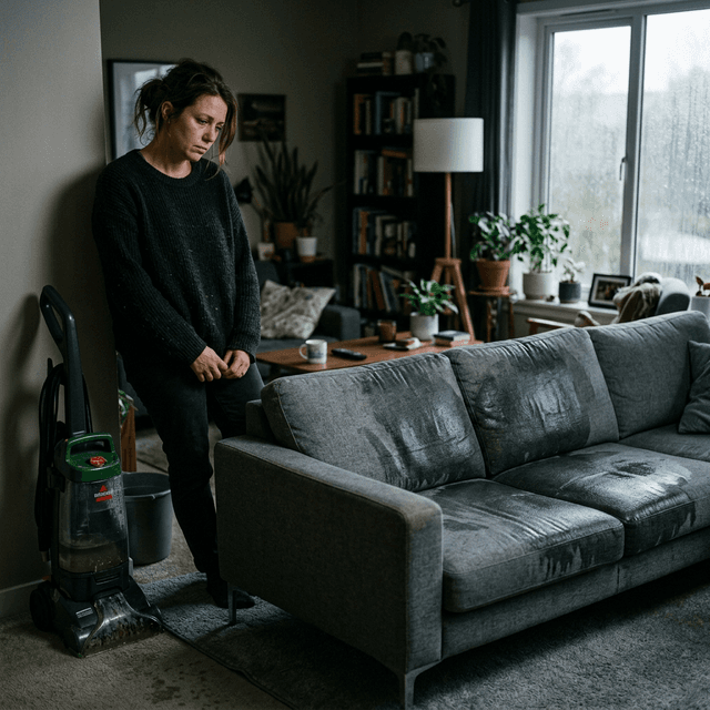 Cliente triste com sofá molhado esperando para secar